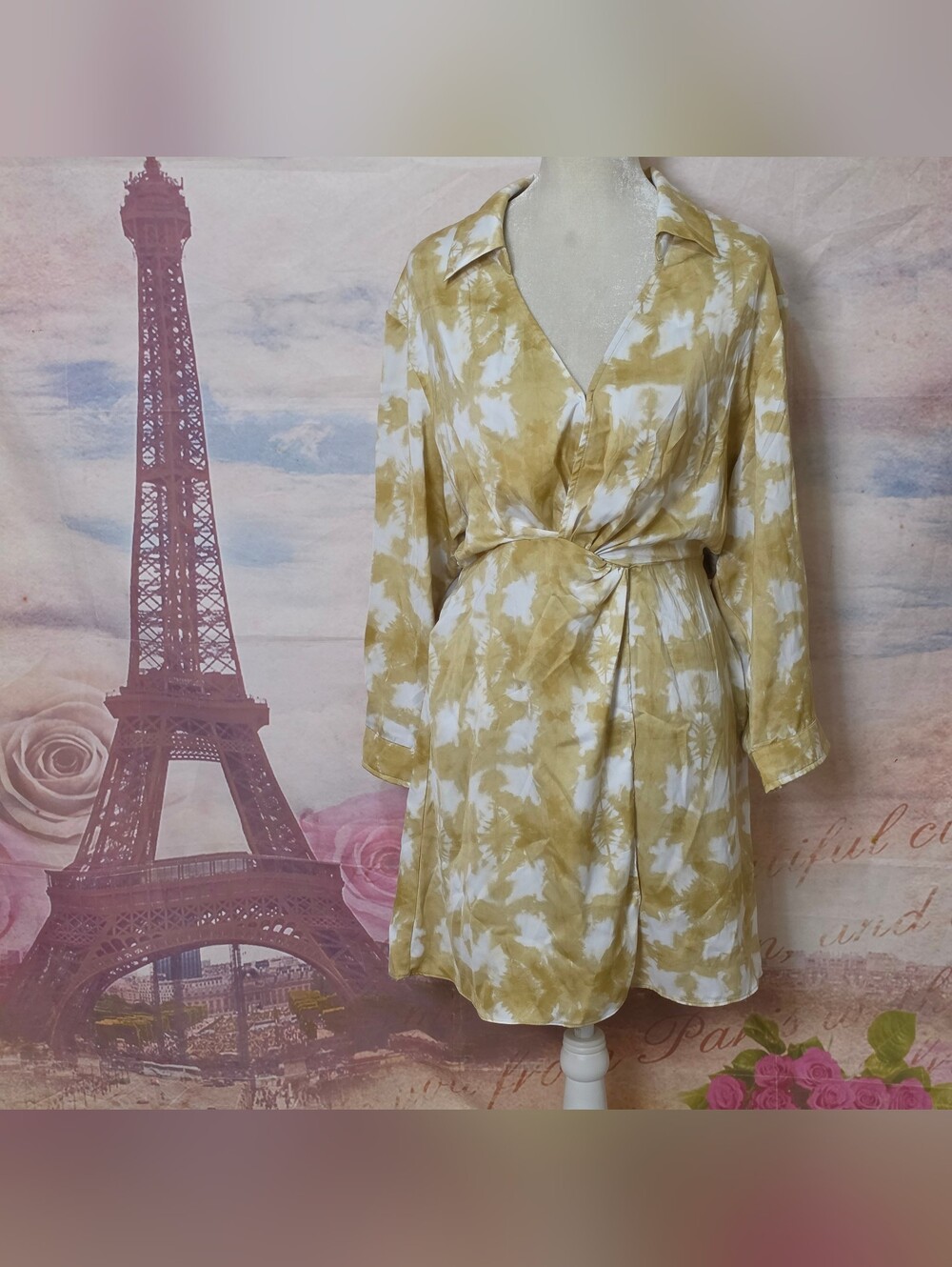 H&M Yellow White Tie-Waist Shirt Dress Sz L